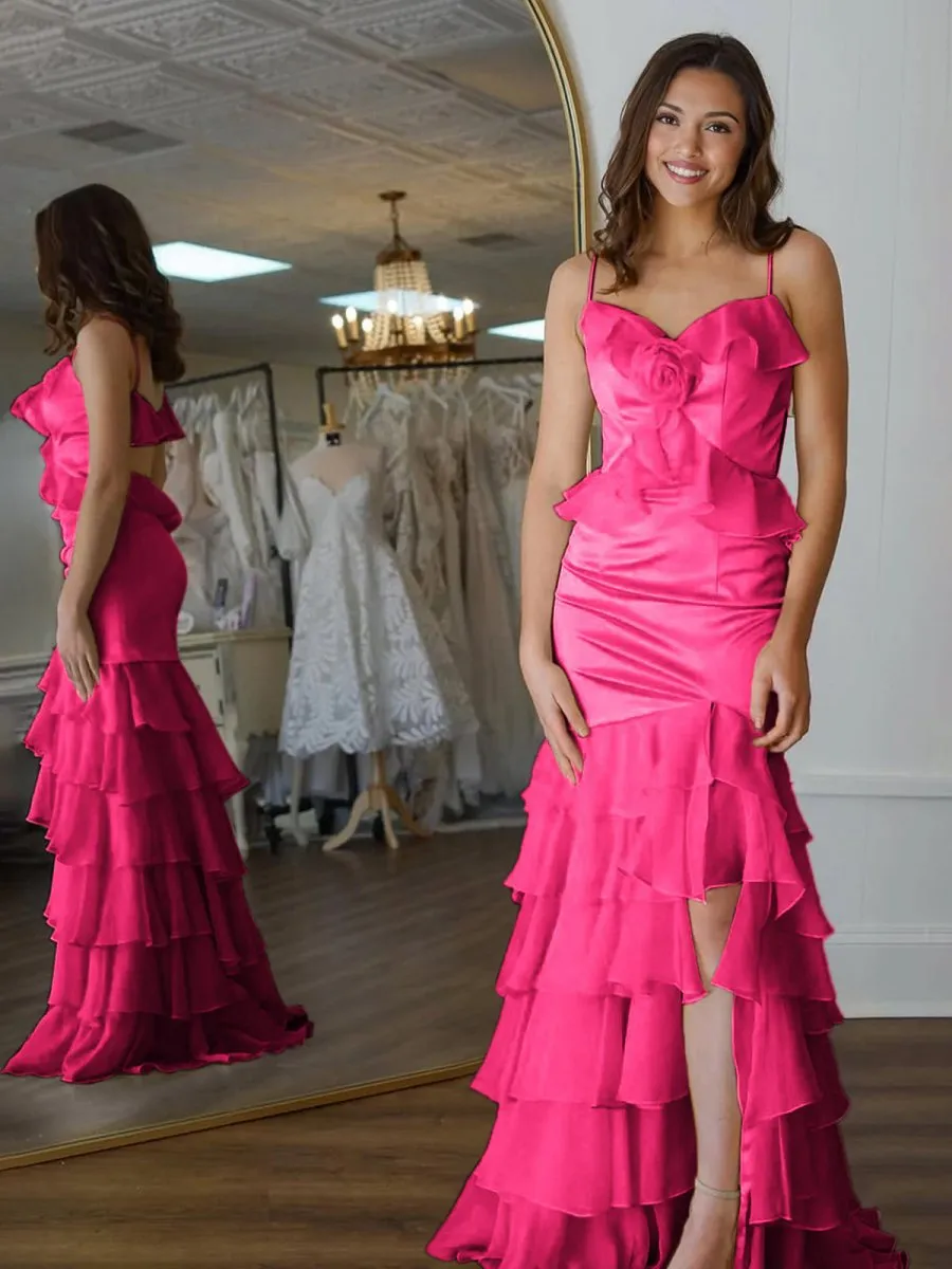 Mermaid V-Neck Ruffle Chiffon Long Prom Dresses with Flower