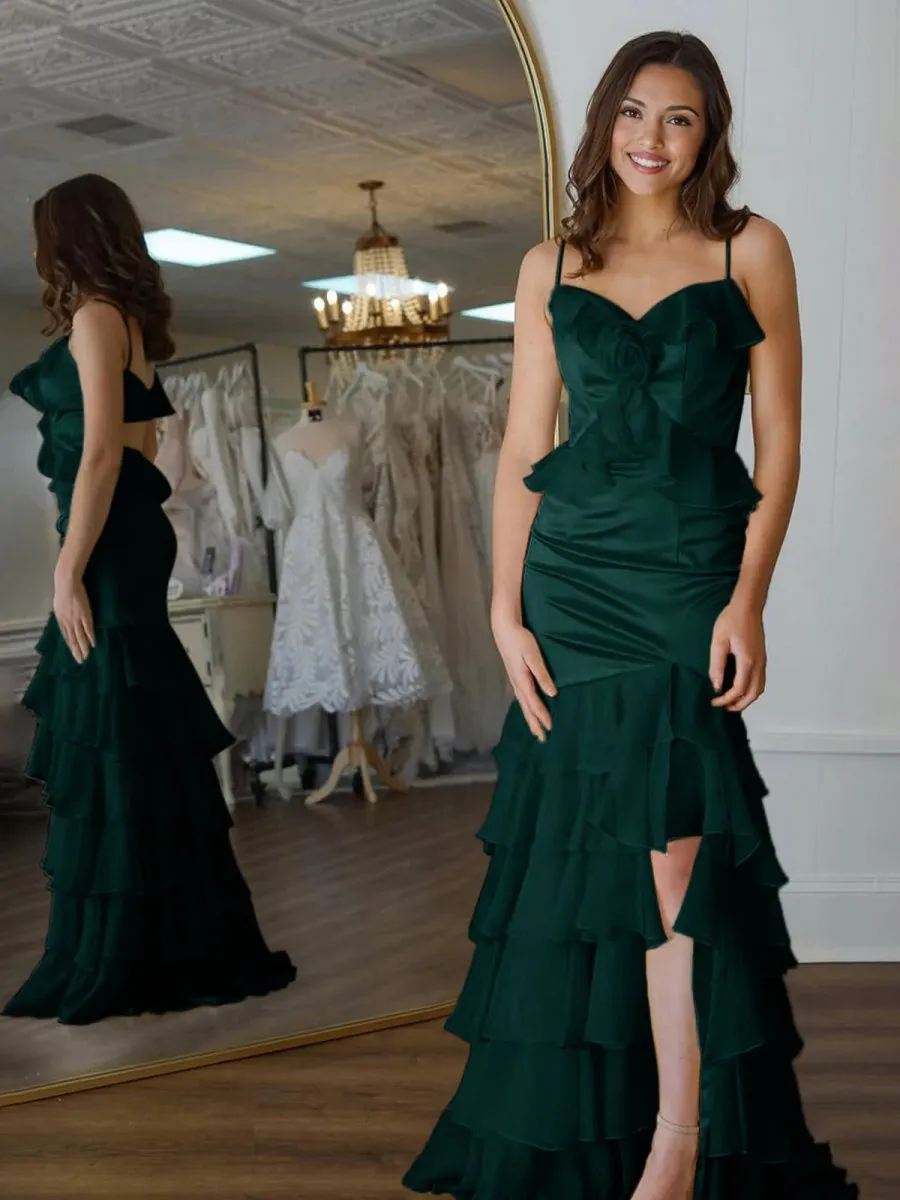 Mermaid V-Neck Ruffle Chiffon Long Prom Dresses with Flower