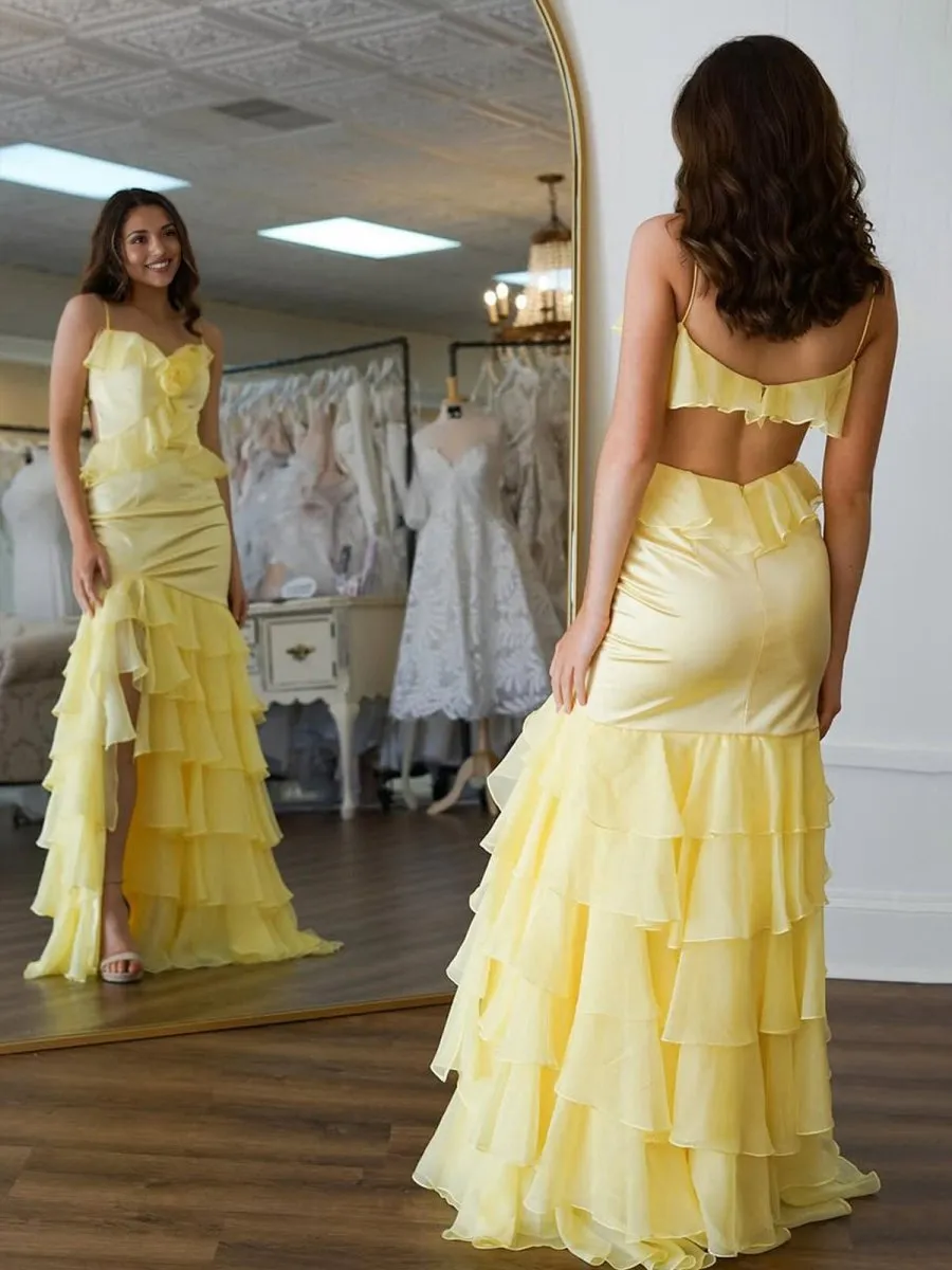 Mermaid V-Neck Ruffle Chiffon Long Prom Dresses with Flower
