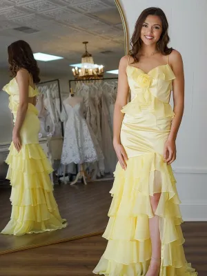 Mermaid V-Neck Ruffle Chiffon Long Prom Dresses with Flower