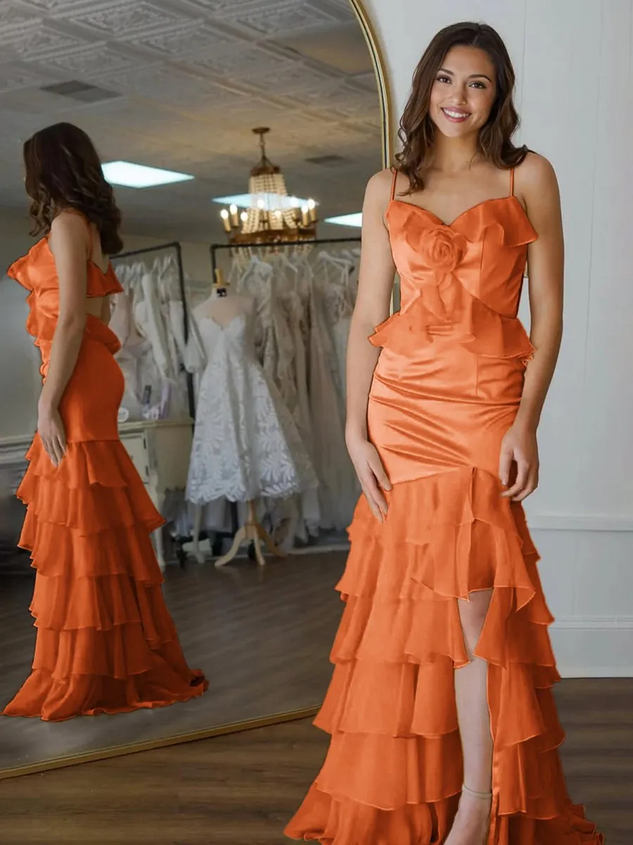 Mermaid V-Neck Ruffle Chiffon Long Prom Dresses with Flower