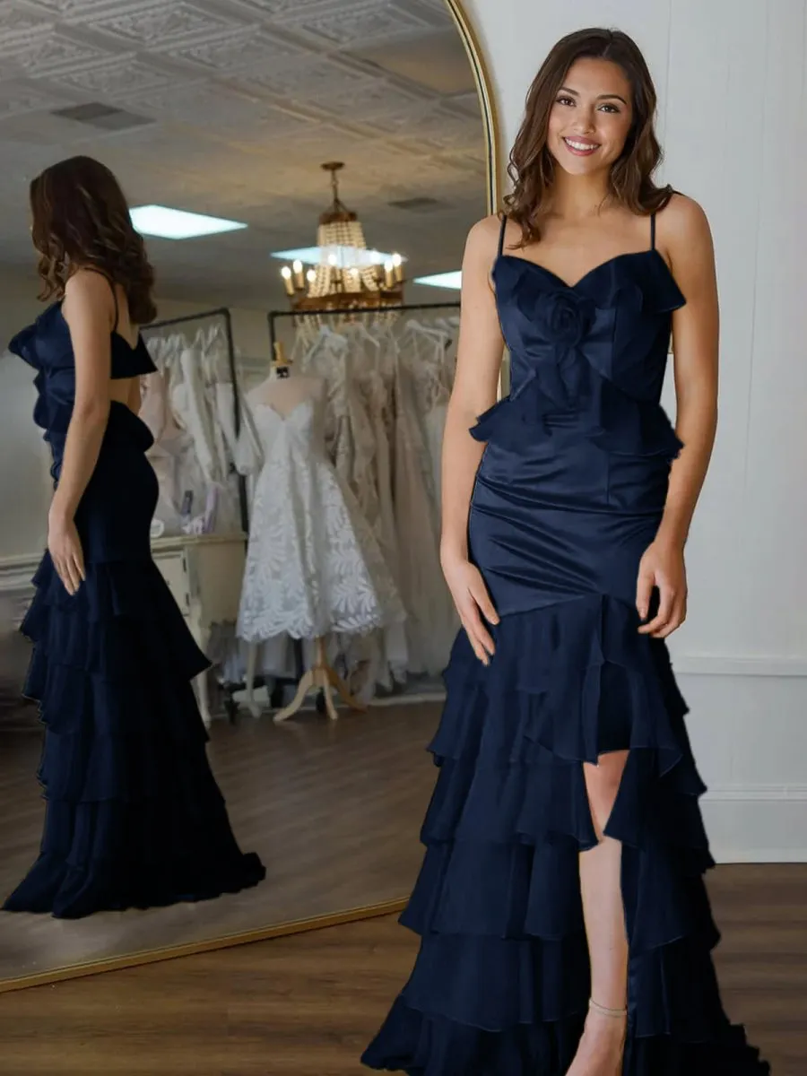 Mermaid V-Neck Ruffle Chiffon Long Prom Dresses with Flower