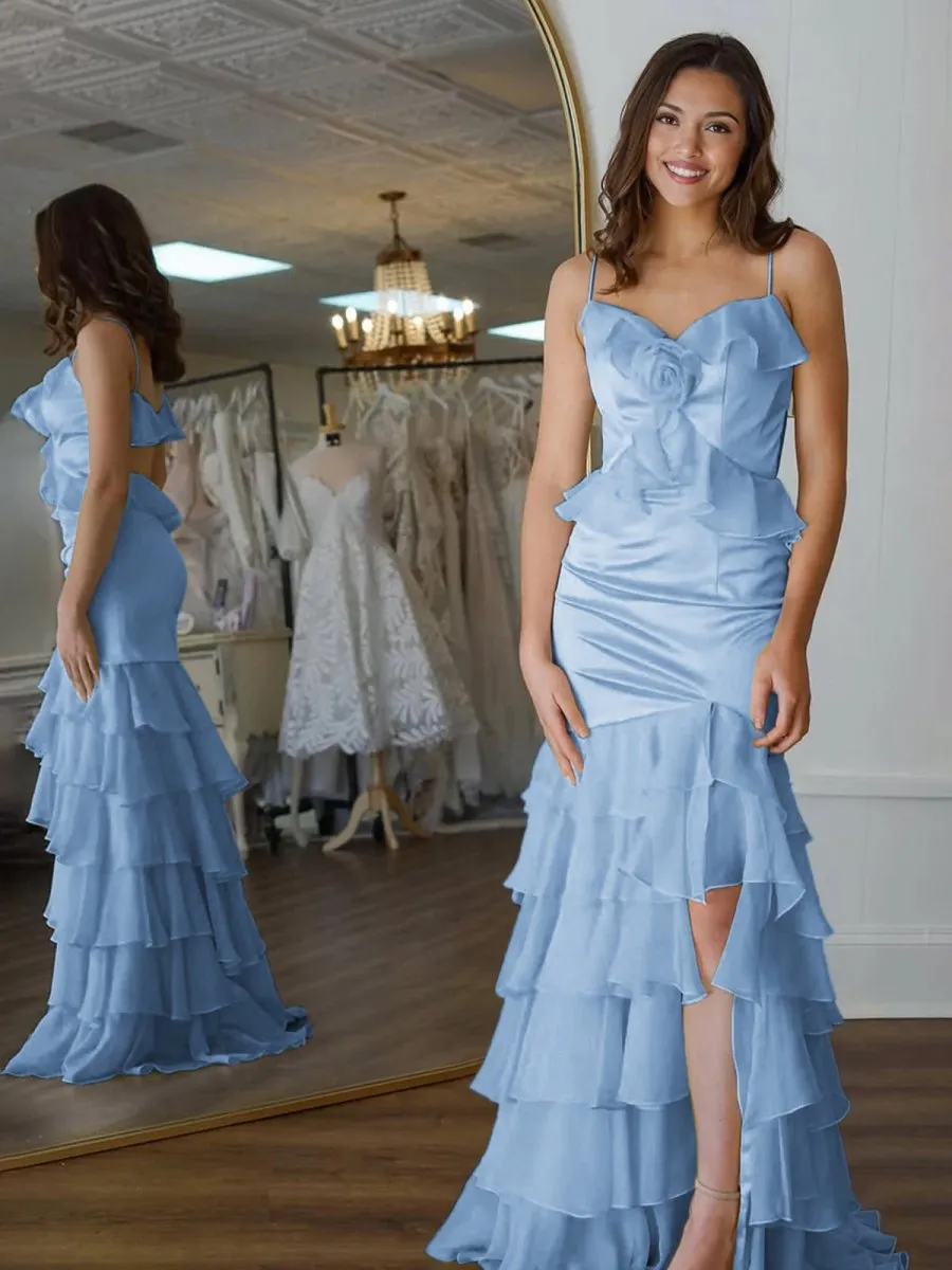 Mermaid V-Neck Ruffle Chiffon Long Prom Dresses with Flower