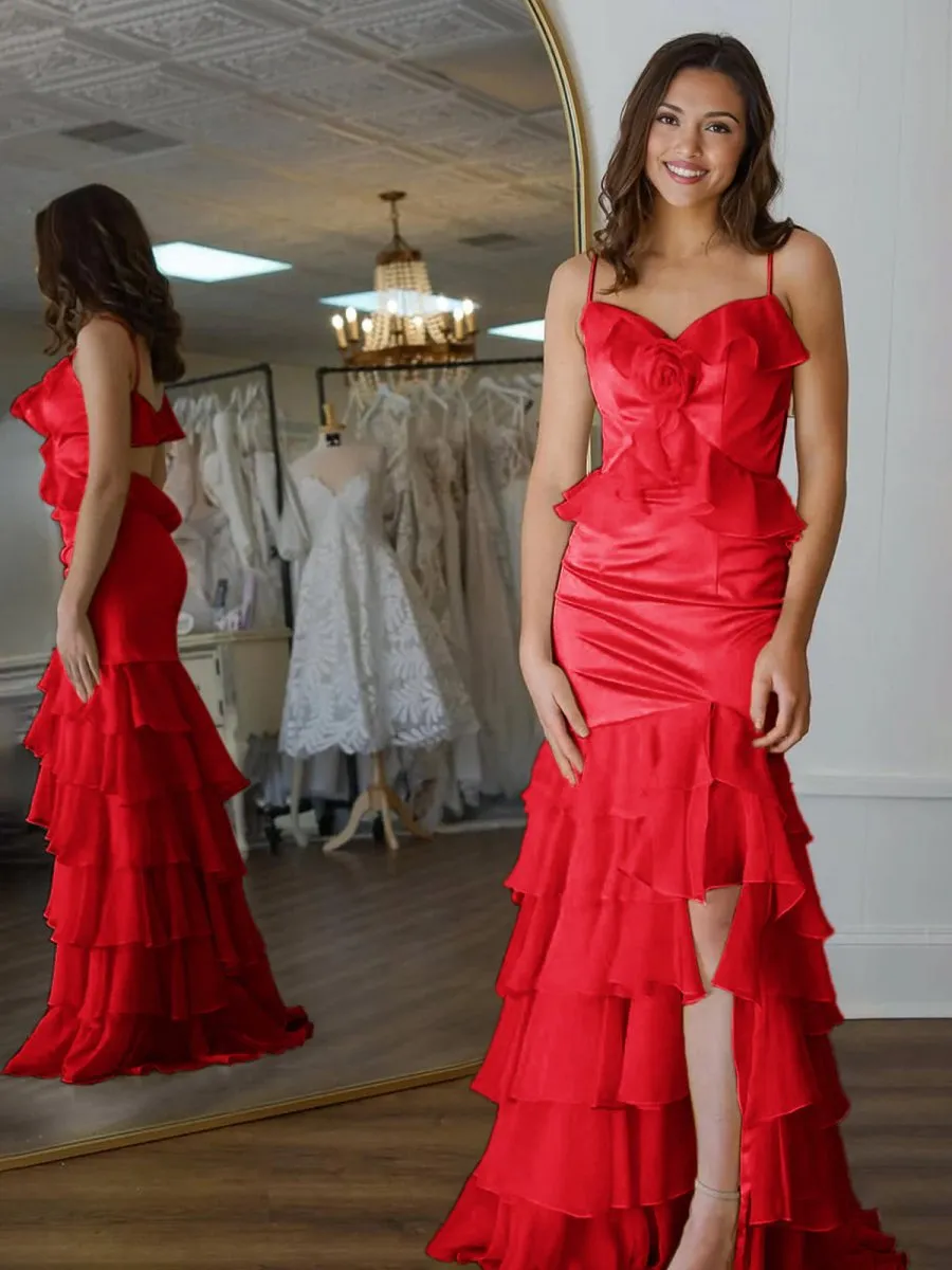 Mermaid V-Neck Ruffle Chiffon Long Prom Dresses with Flower