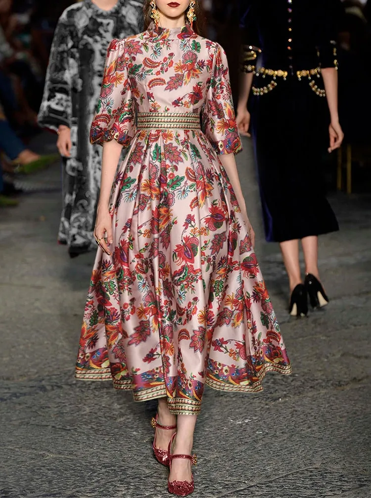 Midi Vintage Runway Bohemian Flowers Print Pleated A-Line Dress