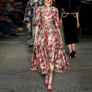 Midi Vintage Runway Bohemian Flowers Print Pleated A-Line Dress