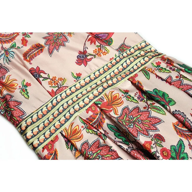 Midi Vintage Runway Bohemian Flowers Print Pleated A-Line Dress