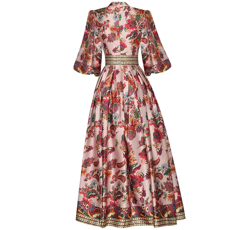 Midi Vintage Runway Bohemian Flowers Print Pleated A-Line Dress