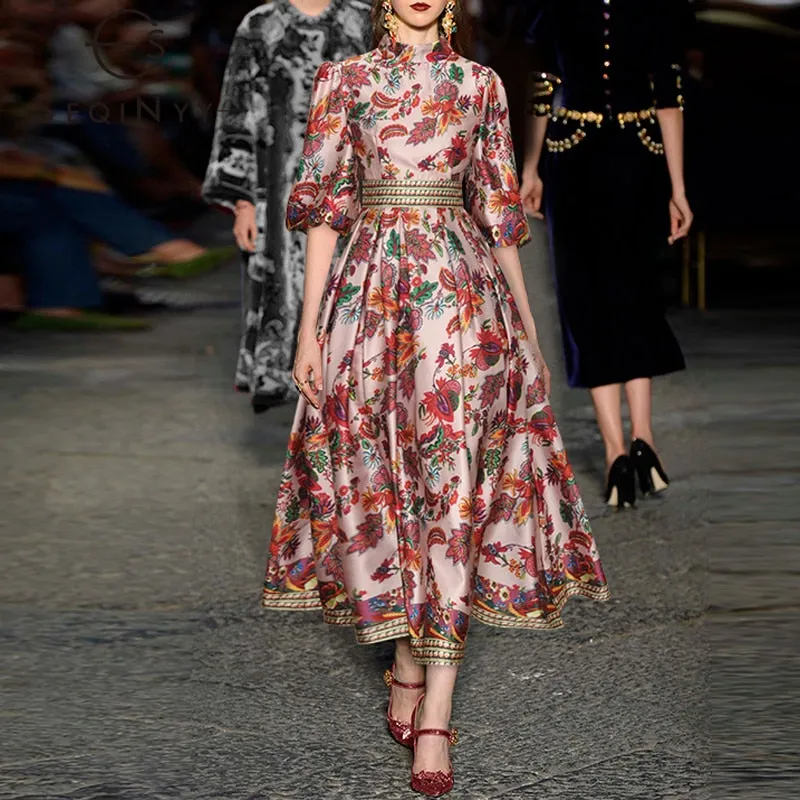 Midi Vintage Runway Bohemian Flowers Print Pleated A-Line Dress