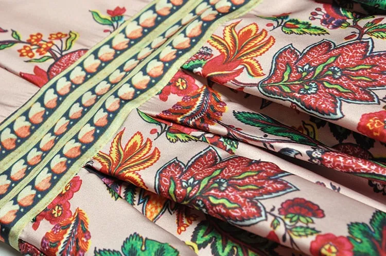 Midi Vintage Runway Bohemian Flowers Print Pleated A-Line Dress