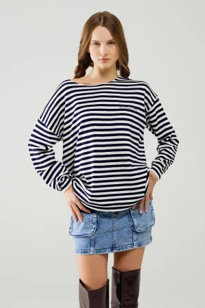 navy blue striped fine knit sweater with boat neck