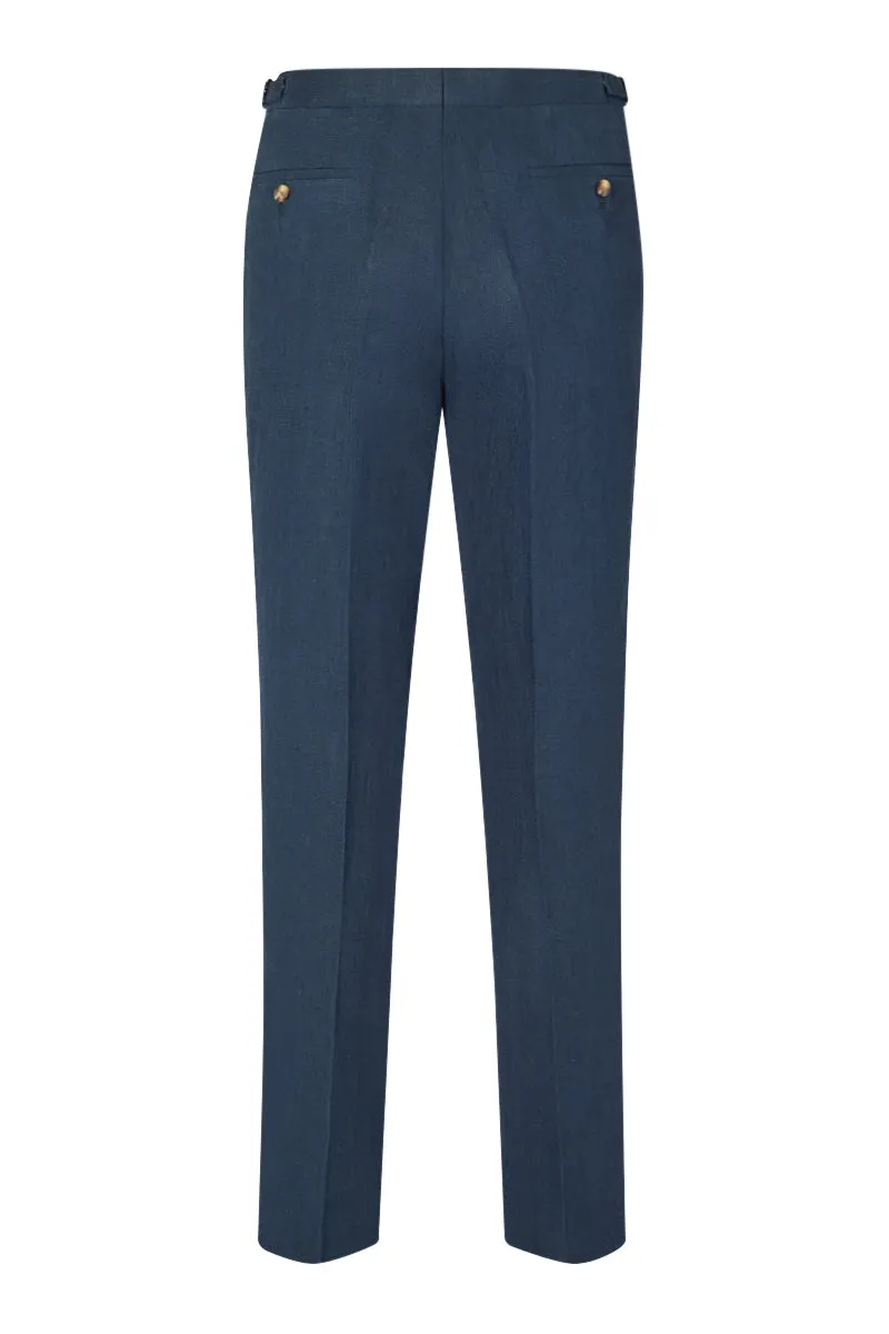 Navy Flat Front Linen Trousers