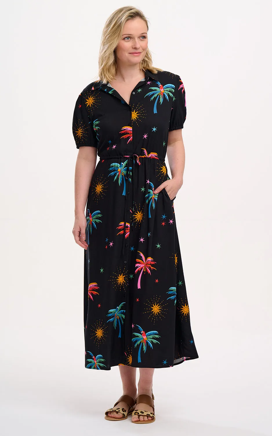 Nova Maxi Shirt Dress Black Palms & Sunshine