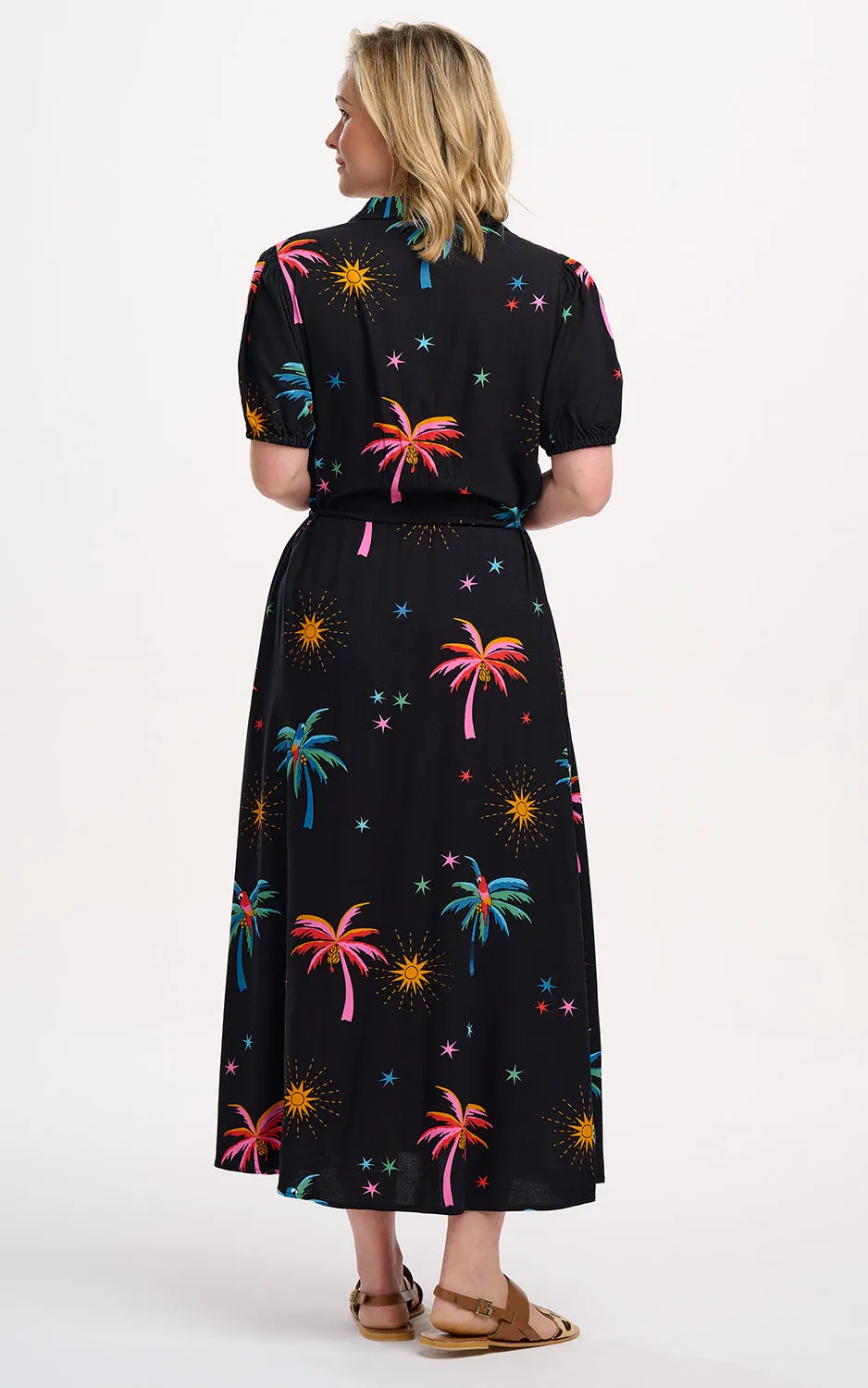 Nova Maxi Shirt Dress Black Palms & Sunshine