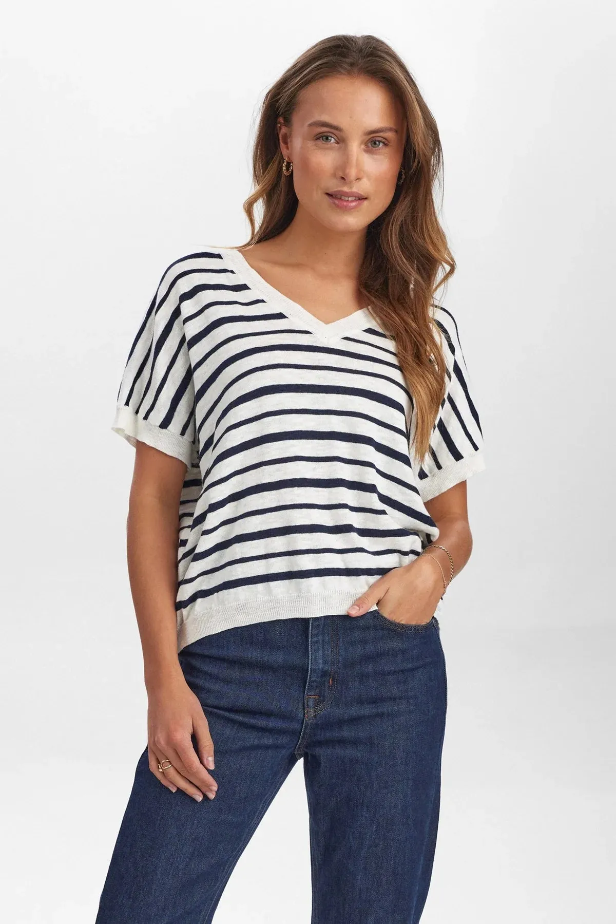 Numph Nukiki Navy/White Striped V-Neck Jumper