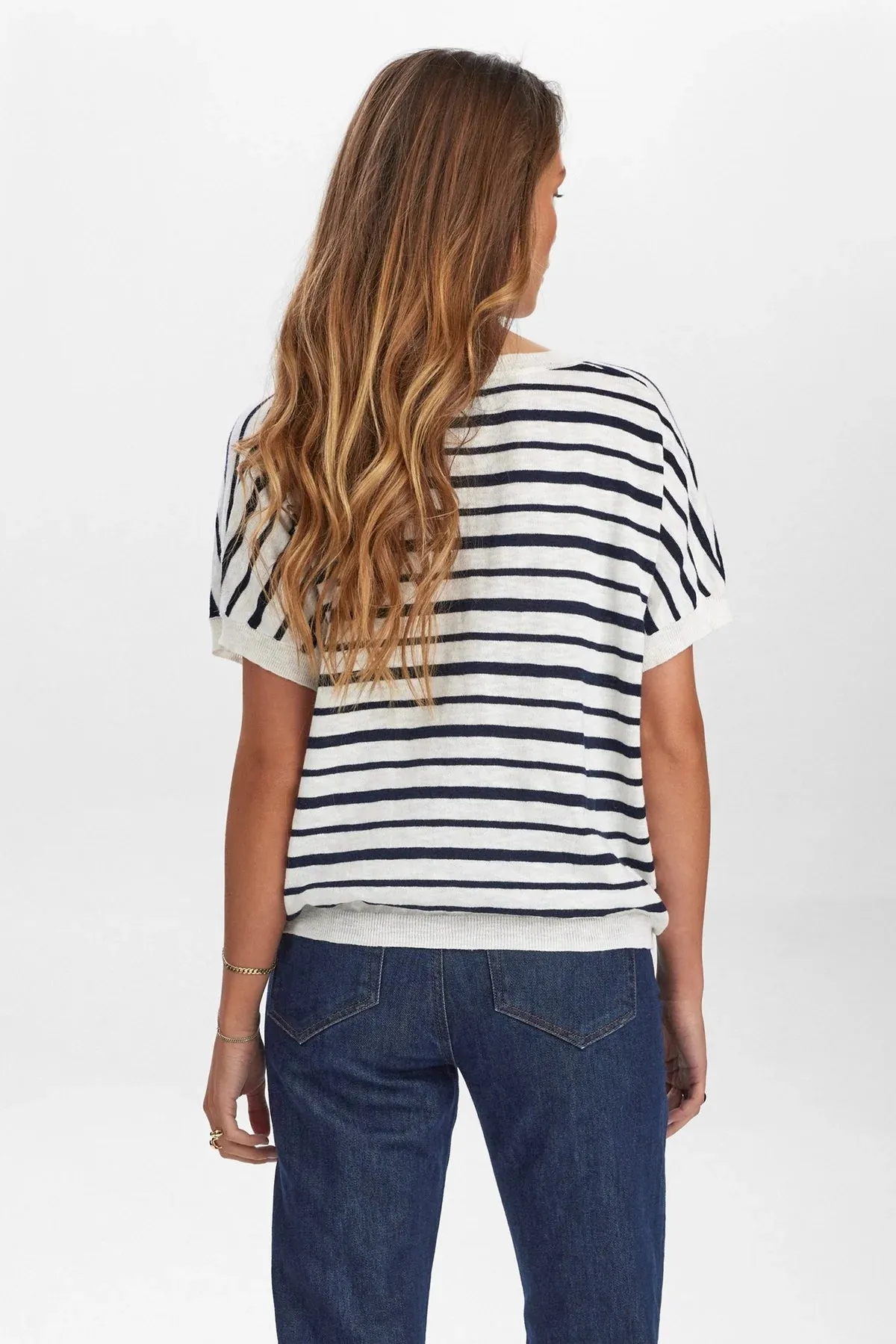 Numph Nukiki Navy/White Striped V-Neck Jumper