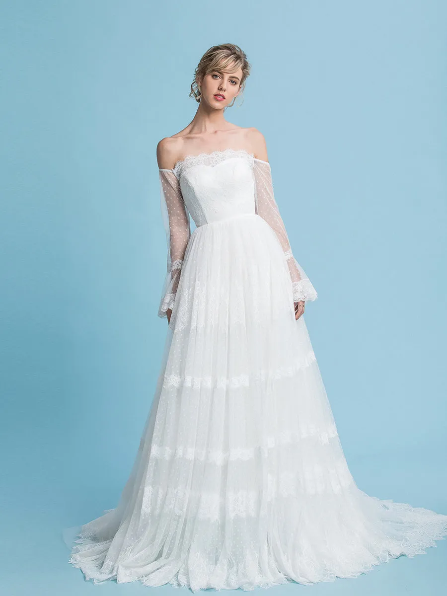 Off the Shoulder Romantic Bohemian Wedding Dresses Long Sleeves Beach Wedding Bridal Dress
