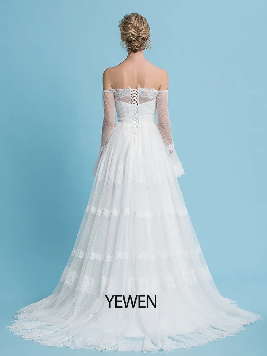 Off the Shoulder Romantic Bohemian Wedding Dresses Long Sleeves Beach Wedding Bridal Dress