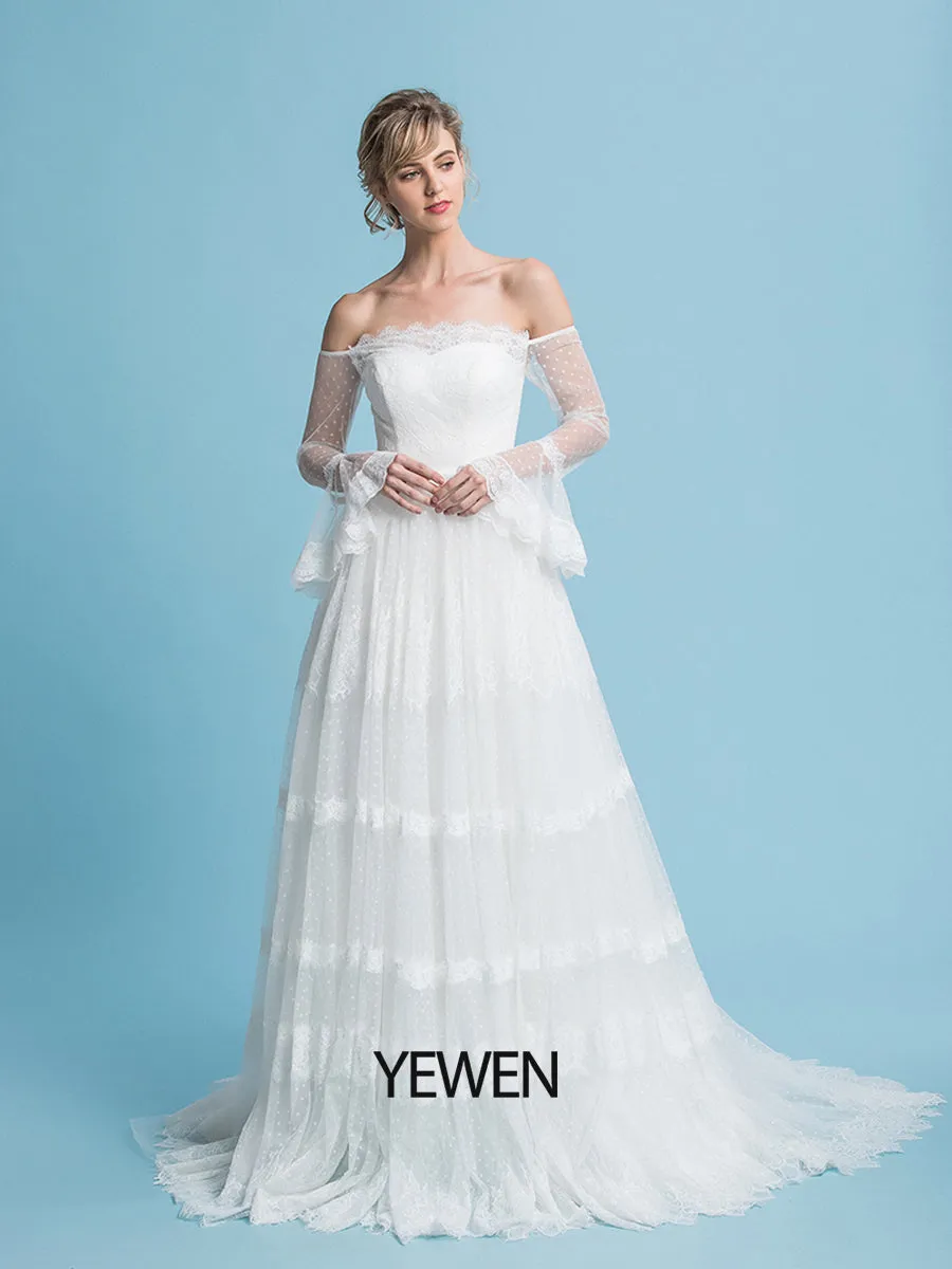 Off the Shoulder Romantic Bohemian Wedding Dresses Long Sleeves Beach Wedding Bridal Dress