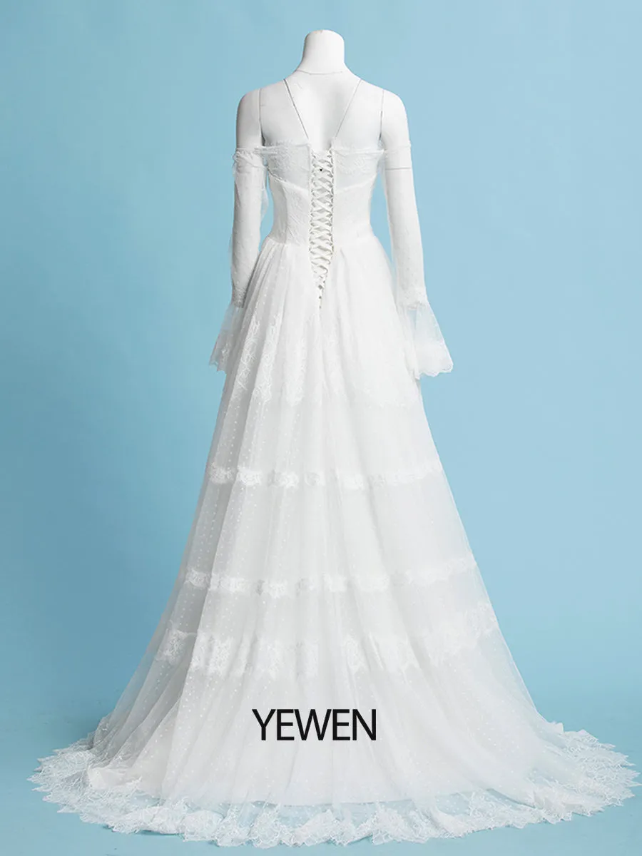 Off the Shoulder Romantic Bohemian Wedding Dresses Long Sleeves Beach Wedding Bridal Dress