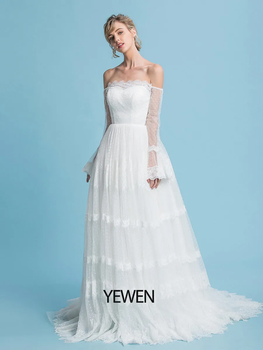Off the Shoulder Romantic Bohemian Wedding Dresses Long Sleeves Beach Wedding Bridal Dress