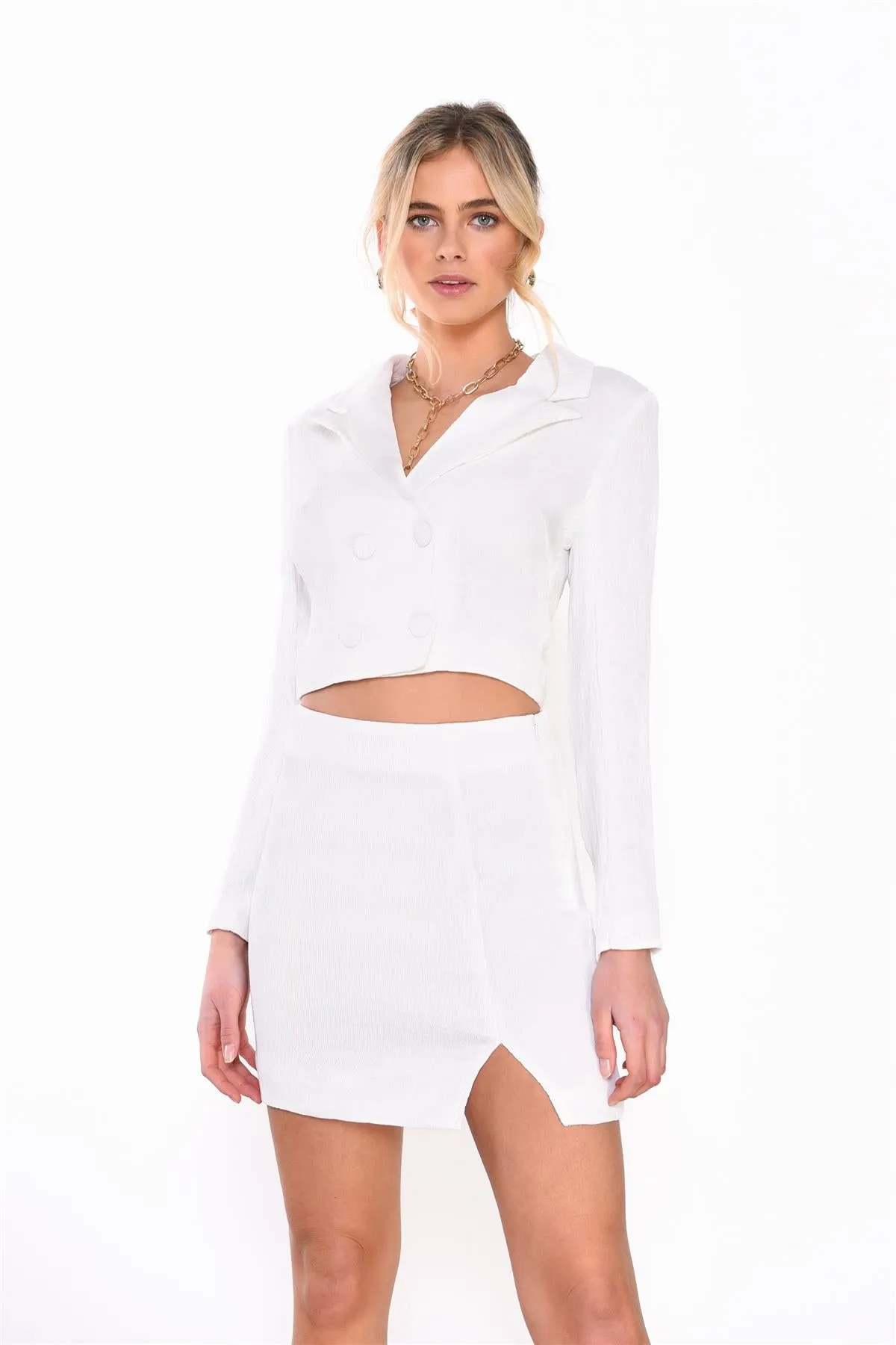 Off White Textured Blazer Crop-Jacket