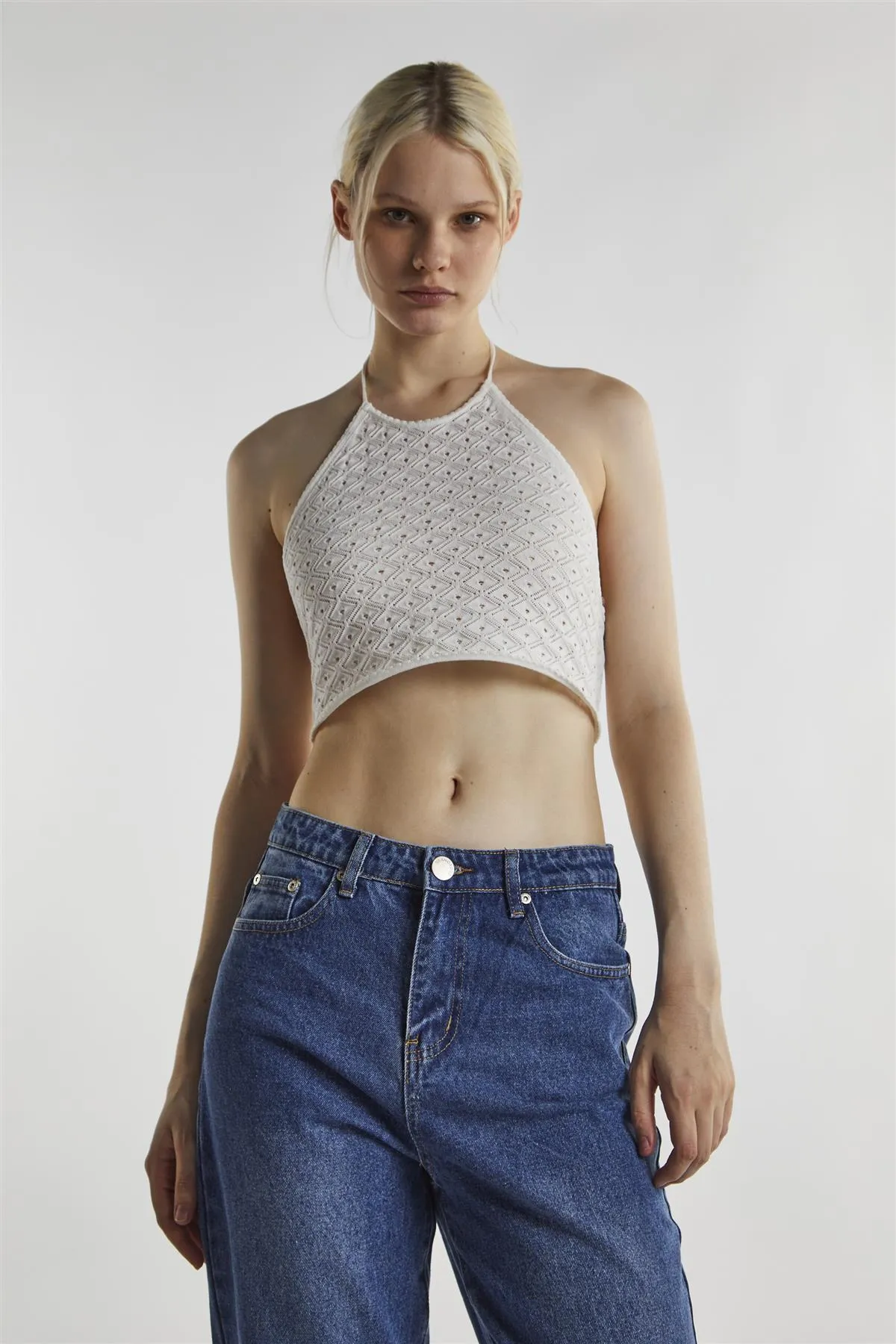 Off White Tie Neck Halter Crop-Top