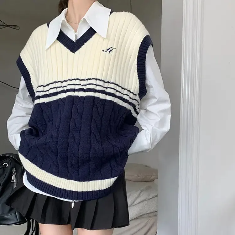 Old Money Aesthetic Sweater Vest in Blue and White Stripes