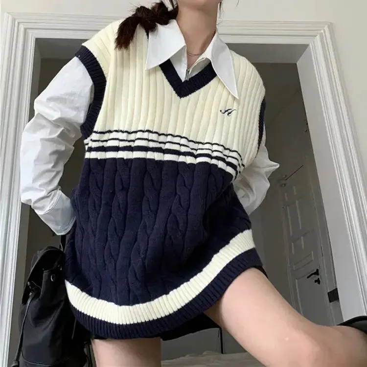 Old Money Aesthetic Sweater Vest in Blue and White Stripes