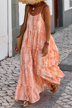 Orange Patterned Spaghetti Strap Maxi Dress