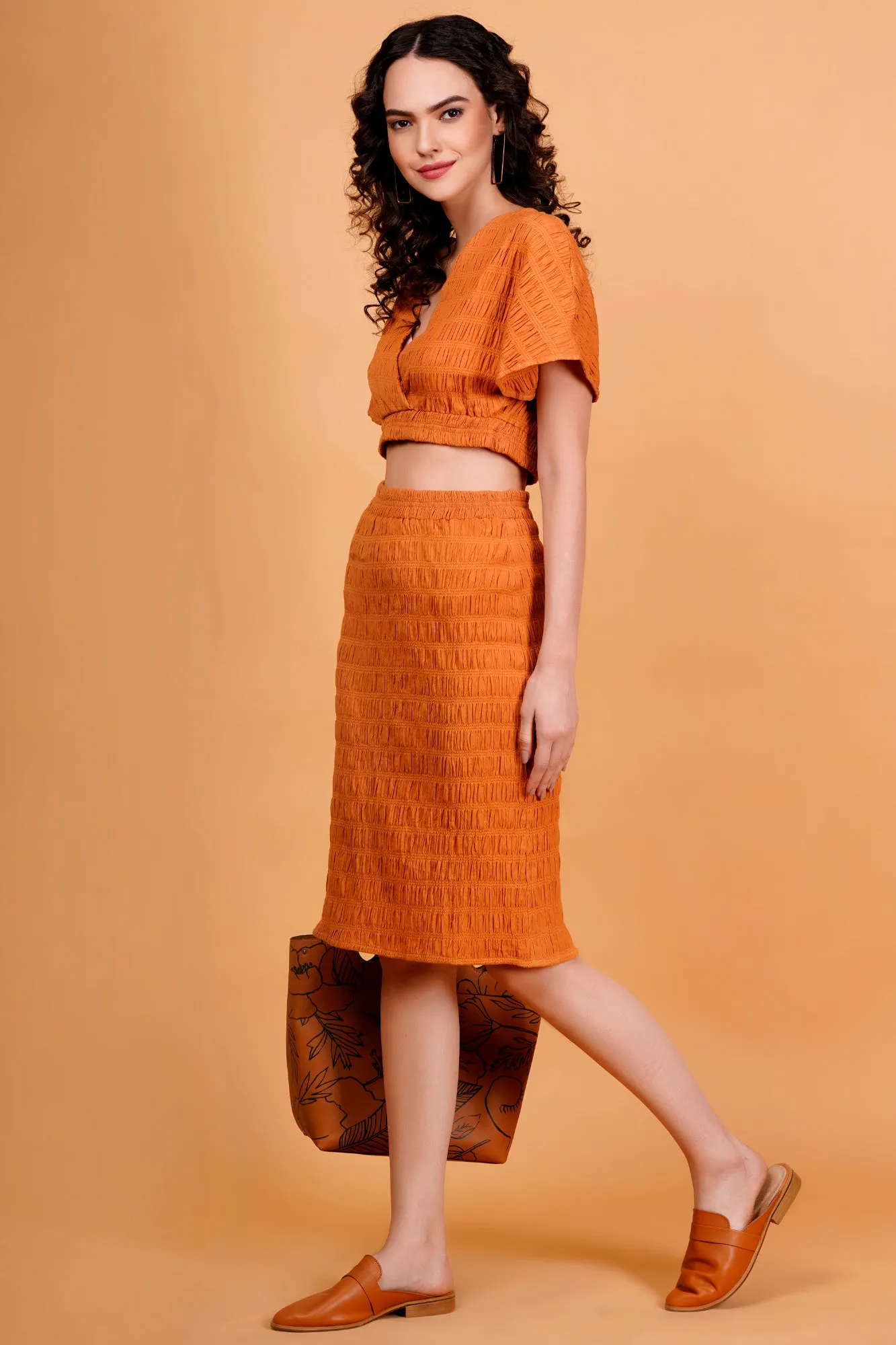 Orange Textured V-Neck Wrap Top