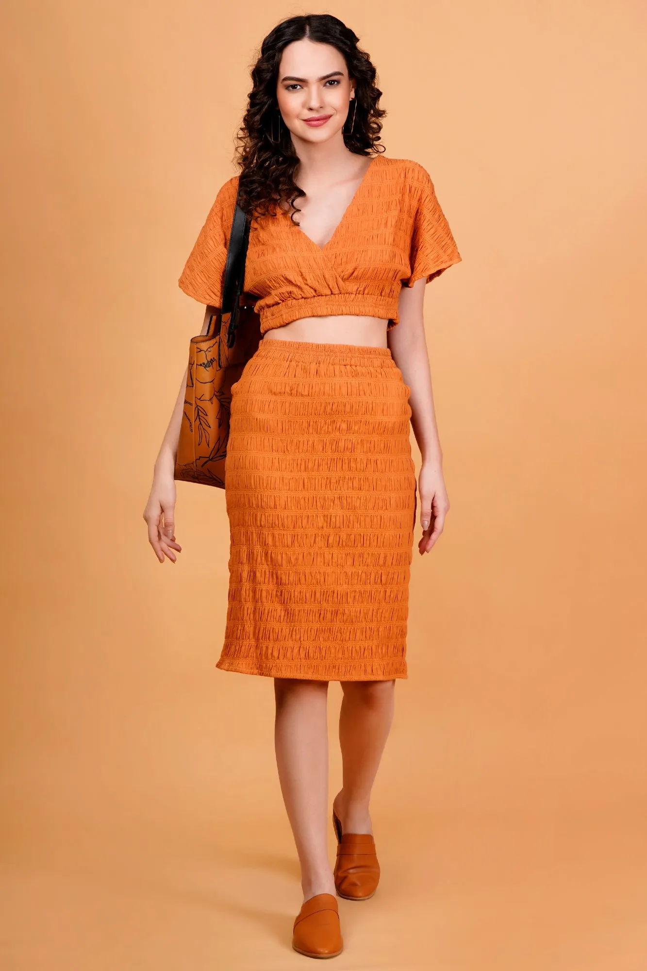 Orange Textured V-Neck Wrap Top