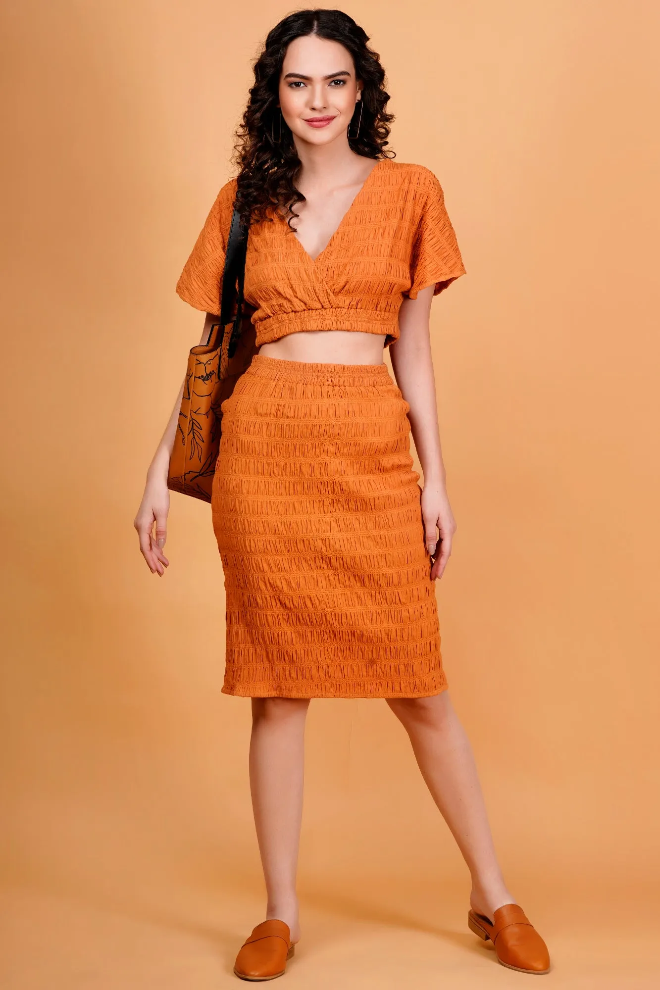 Orange Textured V-Neck Wrap Top
