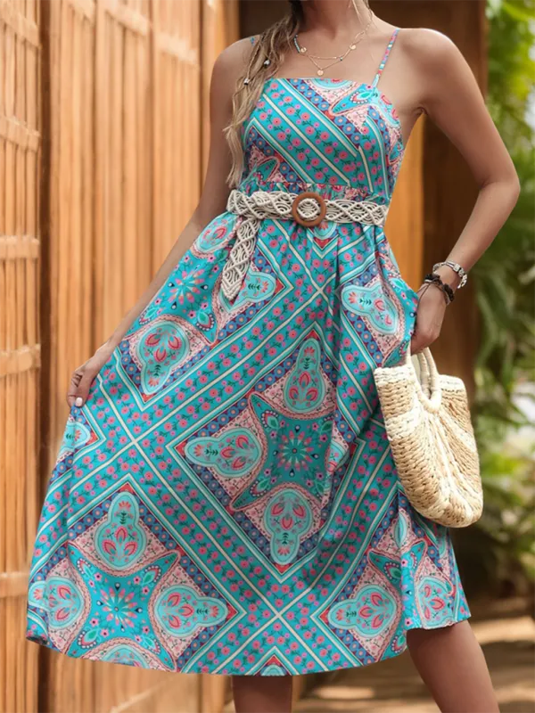 Paisley Print Midi Dress with Spaghetti Straps and Woven Belt
