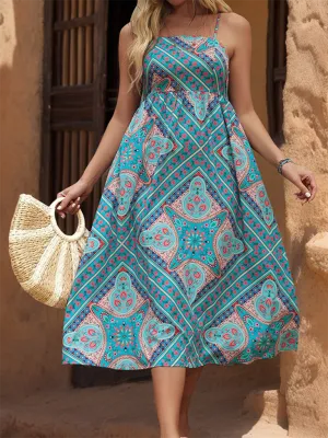 Paisley Print Midi Dress with Spaghetti Straps and Woven Belt