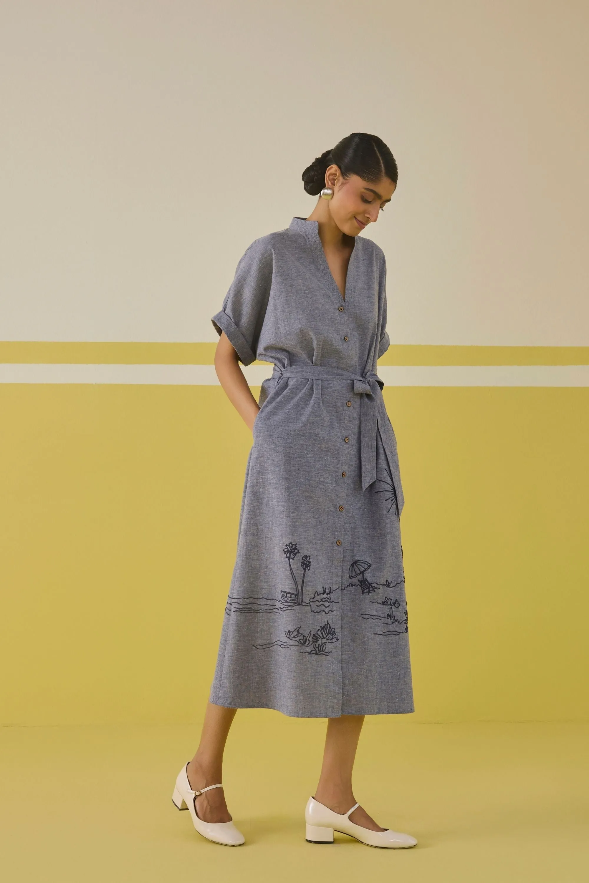 Palm Promenade Hemp Denim Dress