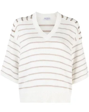 Panama Paillette Striped V Neck Sweater