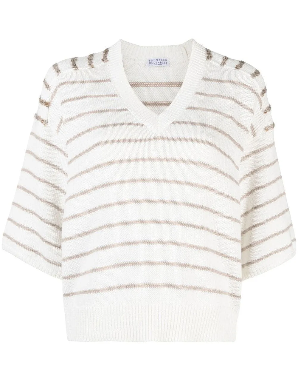 Panama Paillette Striped V Neck Sweater