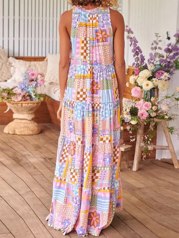 Patchwork Maxi Dress with Tiered Design and Bohemian Style
