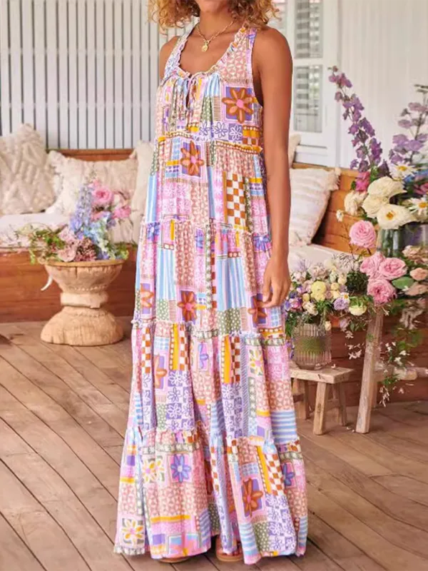 Patchwork Maxi Dress with Tiered Design and Bohemian Style