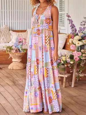 Patchwork Maxi Dress with Tiered Design and Bohemian Style