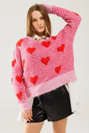 pink striped Sweater with hearts in red color