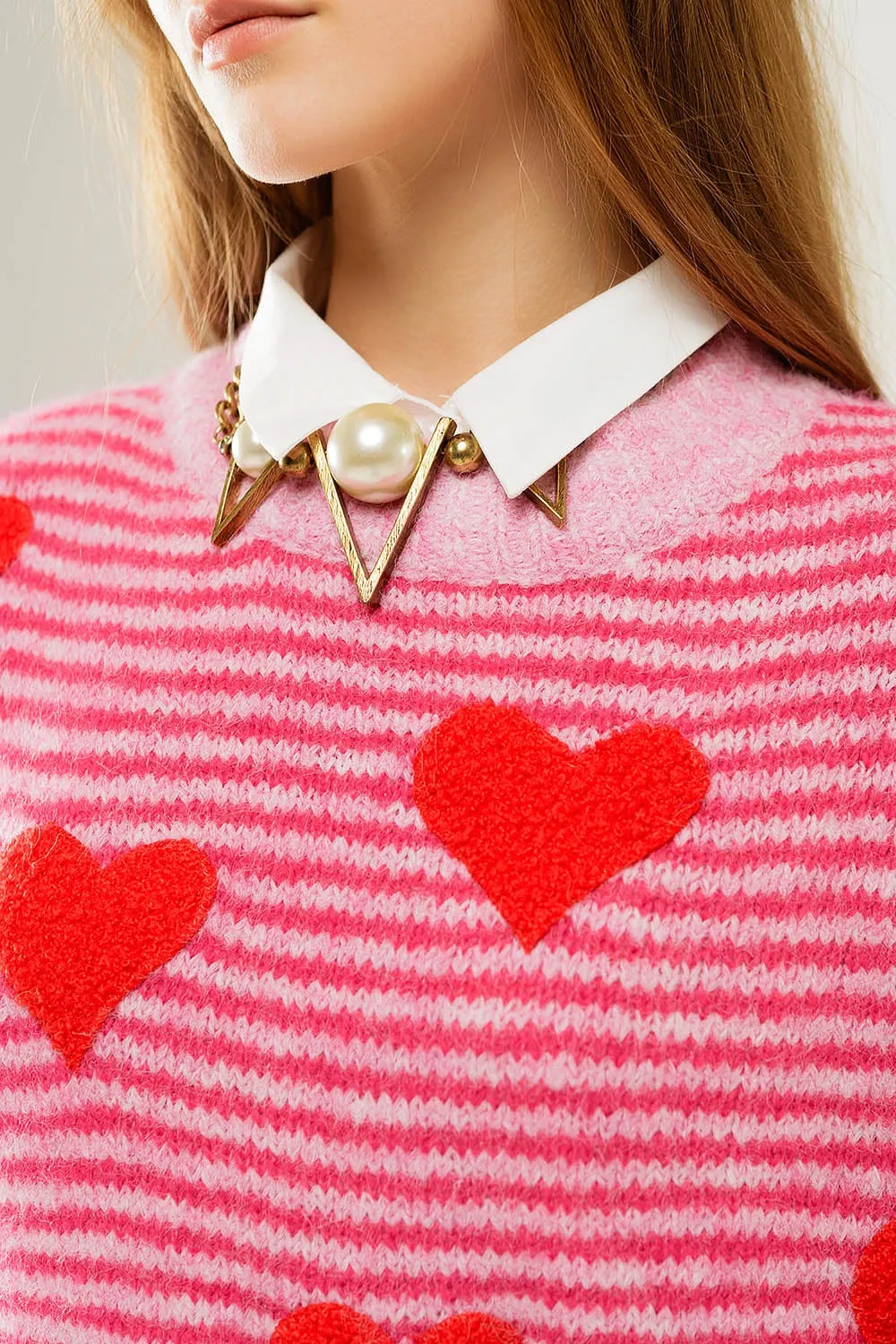 pink striped Sweater with hearts in red color