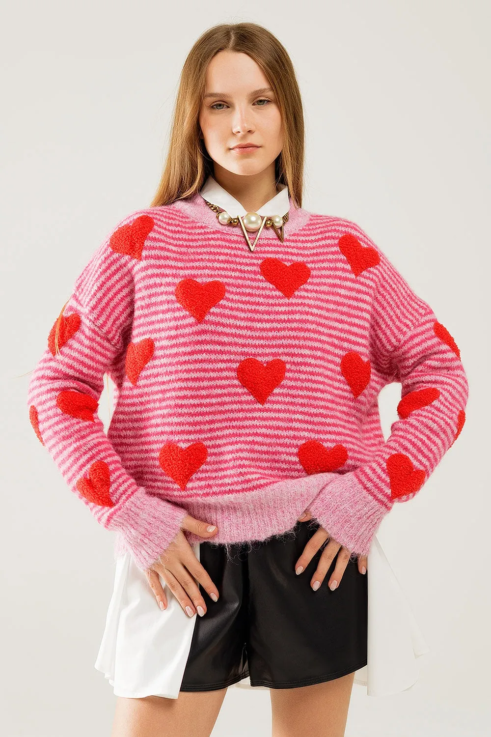 pink striped Sweater with hearts in red color