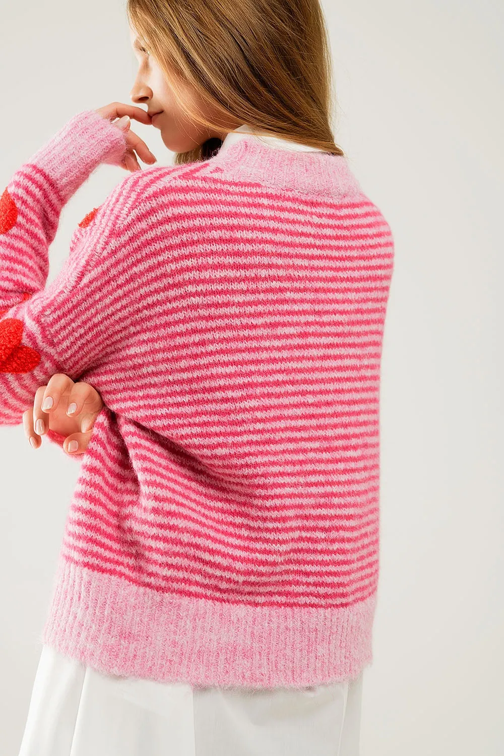 pink striped Sweater with hearts in red color