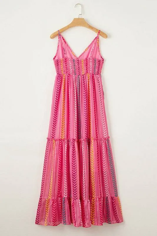 Pink Tribal Tassel Tie V Neck Surplice Maxi Dress