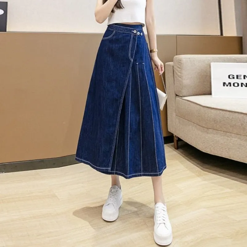 Pleated Midi Denim Skirt Irregular Jean Skirts