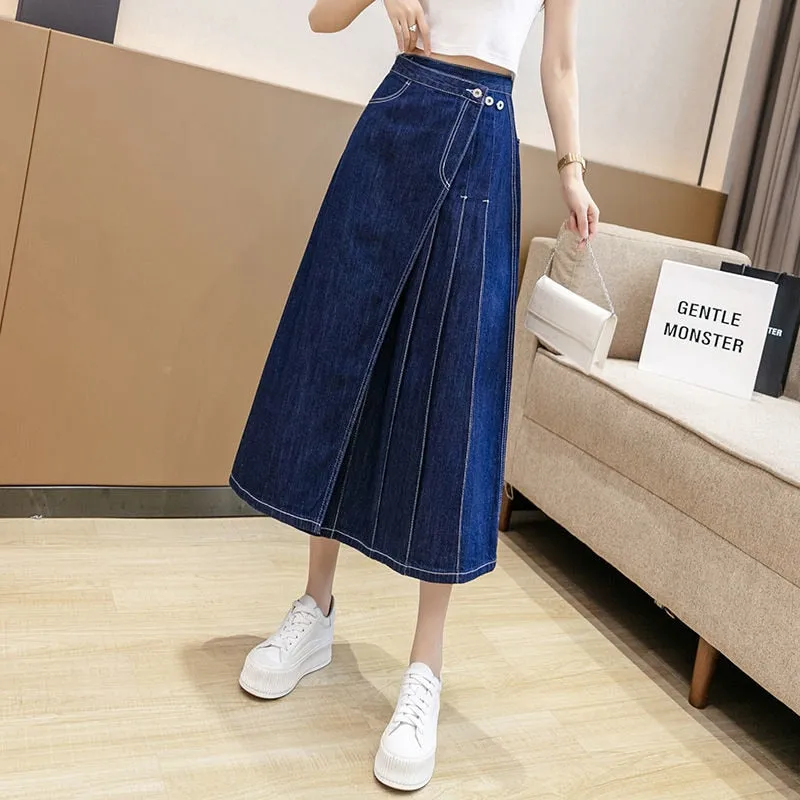 Pleated Midi Denim Skirt Irregular Jean Skirts
