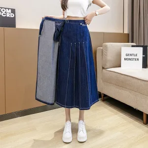 Pleated Midi Denim Skirt Irregular Jean Skirts