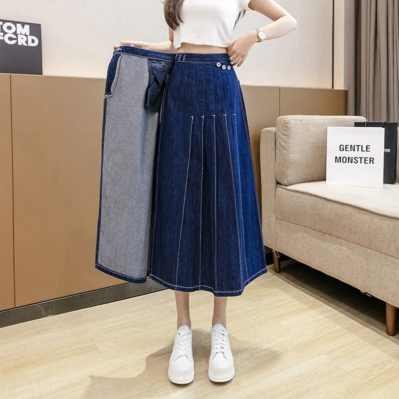 Pleated Midi Denim Skirt Irregular Jean Skirts